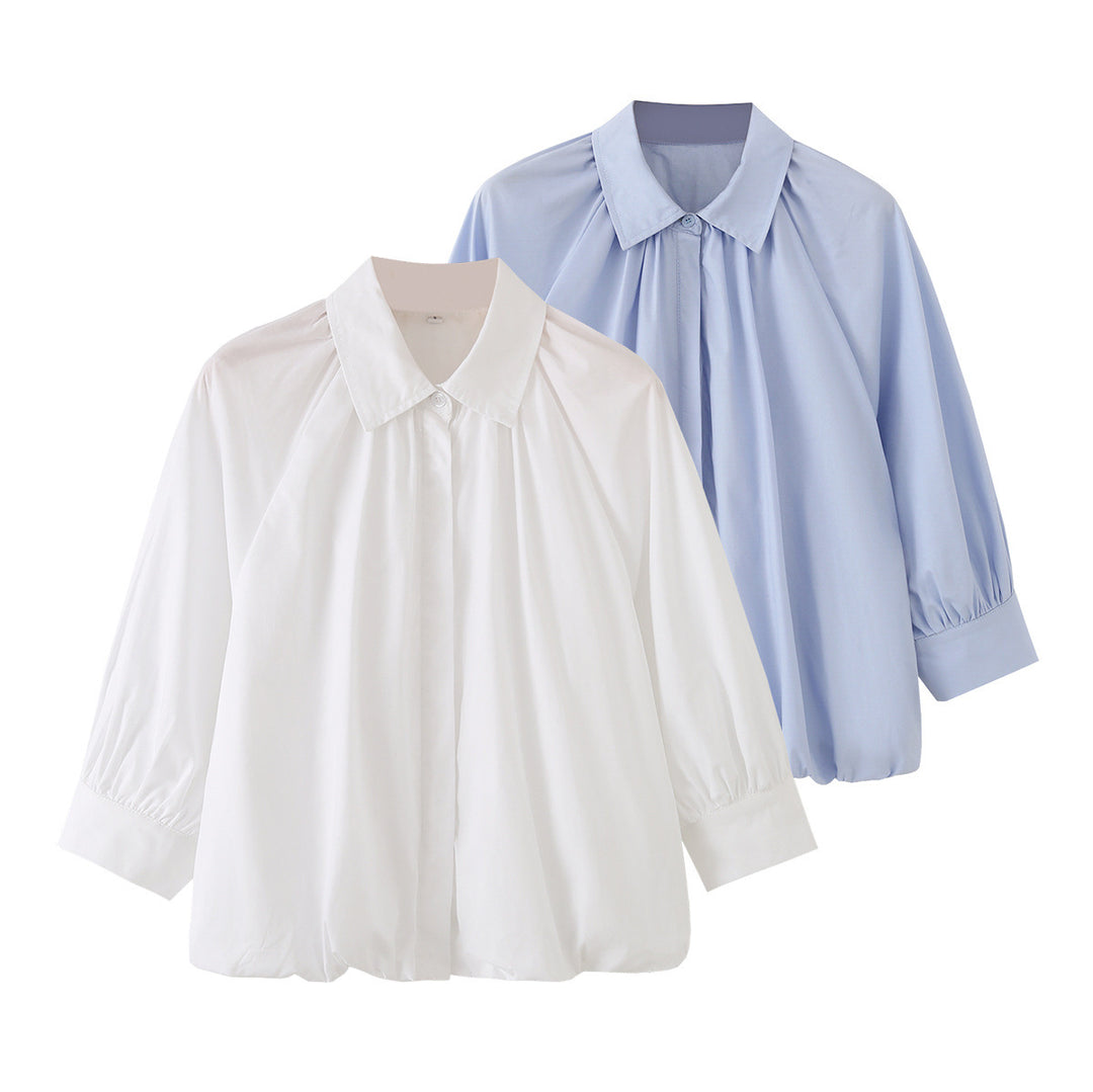 Damen Weites Blusenshirt mit Kellerfalten Ballonärmeln und Hemdkragen Echo Archiv