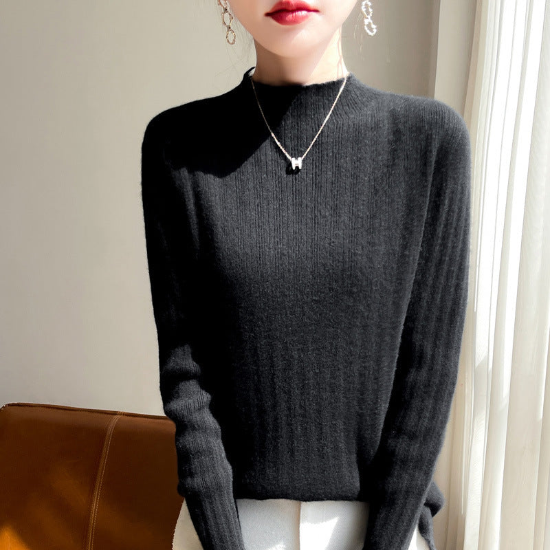 Damen Schmal geschnittener Feinstrick-Pullover mit kurzem Stehkragen und feiner Rippenstruktur Echoarchiv
