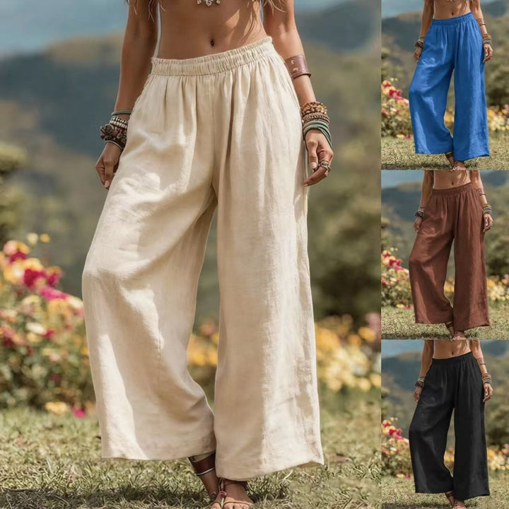 Damen Weite Leinenoptik Palazzo‑Hose mit elastischem Bund und Taschen Echoarchiv