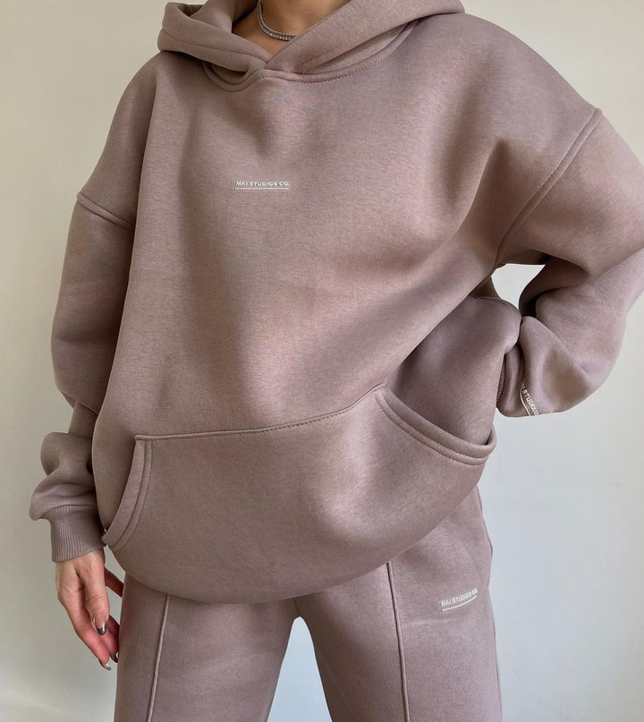 Damen Set Schwere French‑Terry Oversize‑Kapuzenpullover mit Kängurutasche und Slim‑Jogginghose Echoarchiv