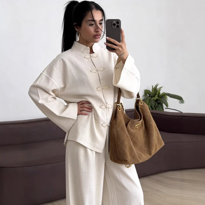 Damen Oversized Mandarinjacke mit Knotenverschlüssen und weitem Arm Echo Archiv