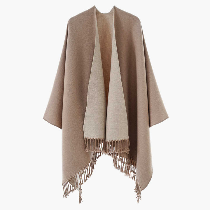 Damen Wendbarer Wollmix-Poncho mit Fransensaum und offener Front – Avérine