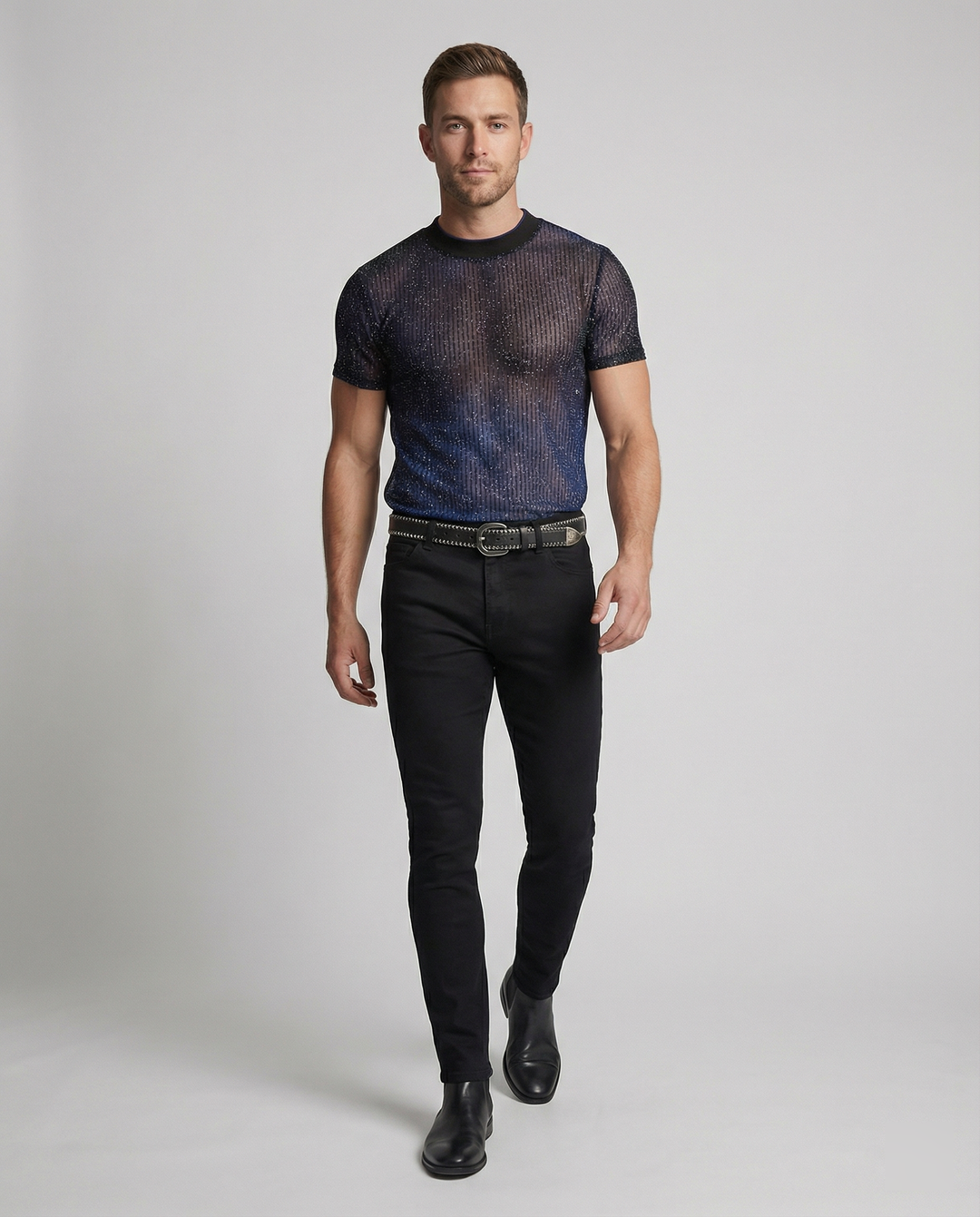 Herren Hochwertiges Mesh-T-Shirt mit glitzerndem Effekt Echoarchiv