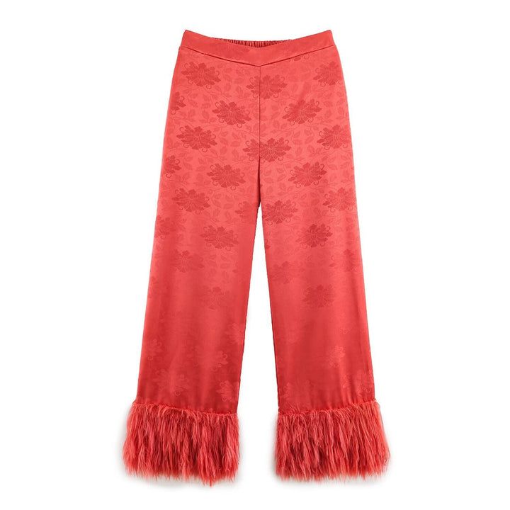 Damen hochtaillierte Satinhose mit Jacquard‑Blütenmuster und Federfransen Echo Archiv
