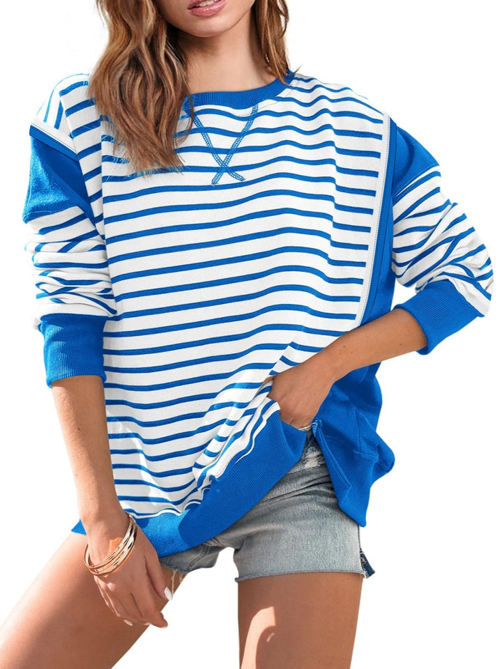 Damen Oversize Streifen-Sweatshirt mit Rundhalsausschnitt und Colorblock-Ärmeln – Avérine