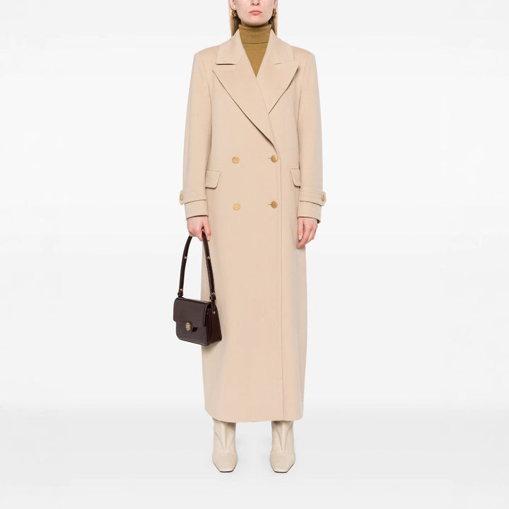 Damen Maxi-Mantel mit doppelreihiger Knopfleiste, weitem Revers und Pattentaschen Echoarchiv