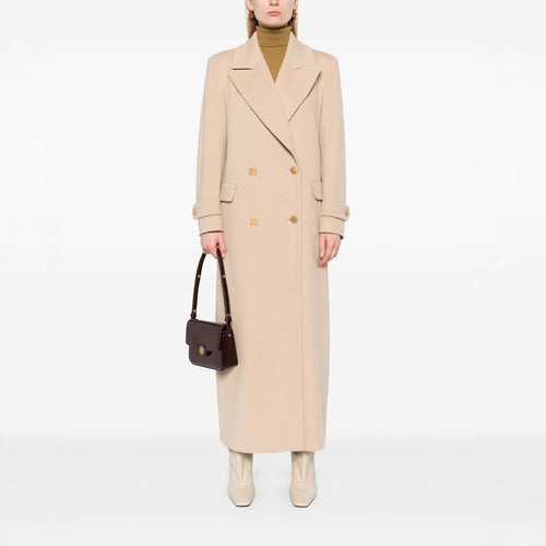 Damen Maxi-Mantel mit doppelreihiger Knopfleiste, weitem Revers und Pattentaschen Echoarchiv