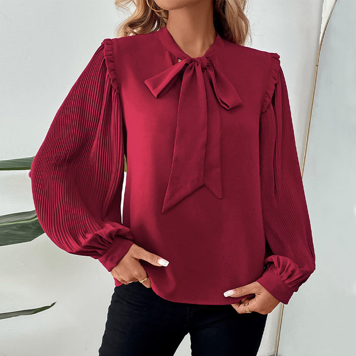 Damen Plissierte Chiffon-Bluse mit Schleifenkragen, Ballonärmeln und Rüschendetail Echoarchiv