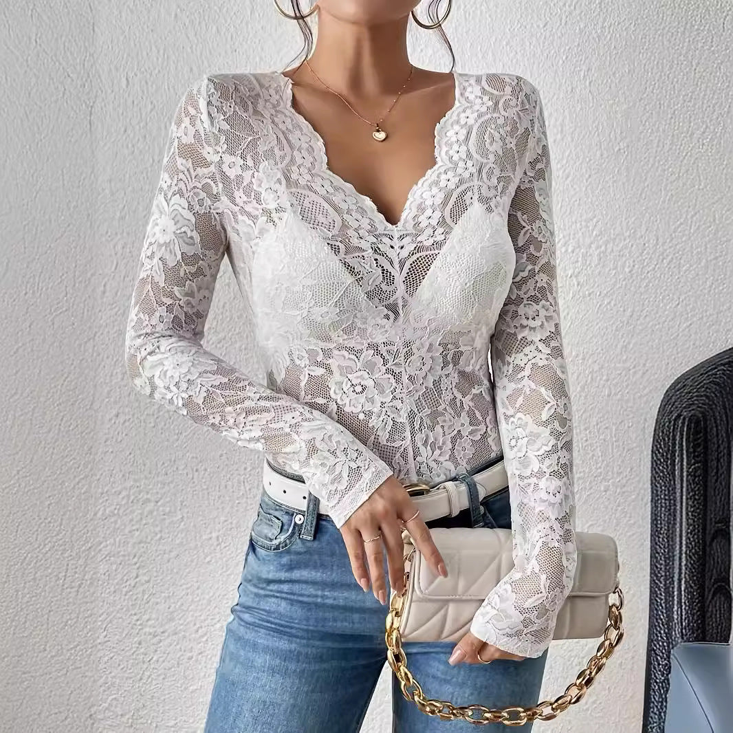 Damen Elegante Spitzenbluse mit V-Ausschnitt und langen Ärmeln Echo Archiv