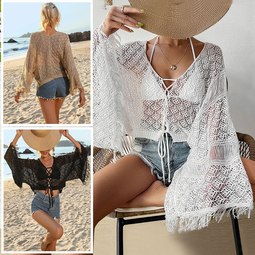 Damen gehäkelter Strandkimono mit eleganter Fransenverzierung Echo Archiv