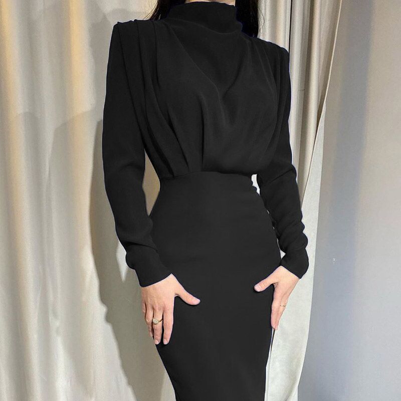 Damen nan elegantes Midikleid mit Drapierter Wasserfall-Front, taillierter Bleistift-Silhouette und langen Ärmeln Echo Archiv