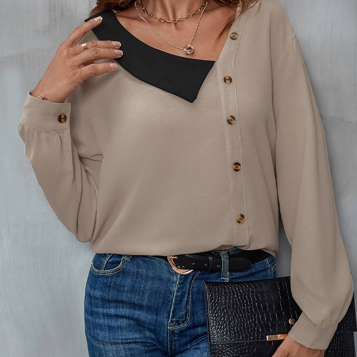Damen Asymmetrische Hemdbluse mit kontrastiertem Kragen und dekorativer Knopfleiste Echoarchiv