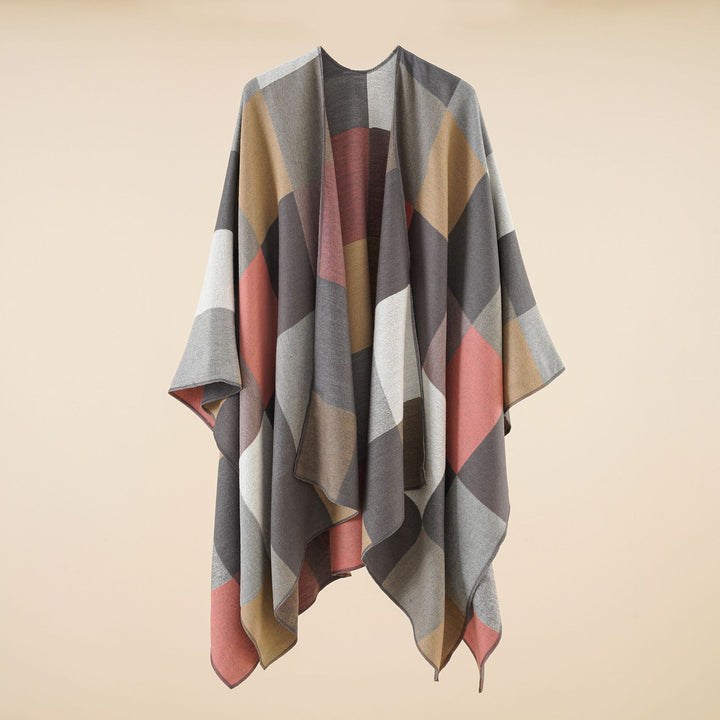 Damen Leichter Jacquard-Poncho mit geometrischem Muster und asymmetrischem Saum – Avérine