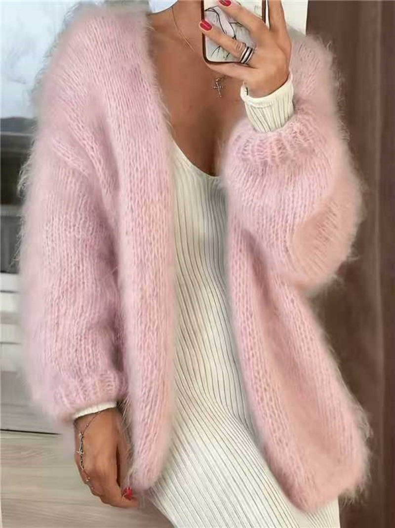 Damen Flauschiger Oversize Mohair-Optik Cardigan mit offenem Schnitt und Ballonärmeln – Veloura