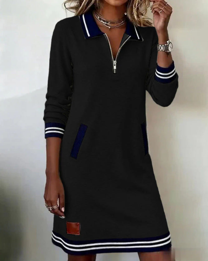 Damen nan sportlich-elegantes Sweatkleid mit Polokragen halblangem Reißverschluss elastischen Kontrastbündchen und Eingrifftaschen Echo Archiv