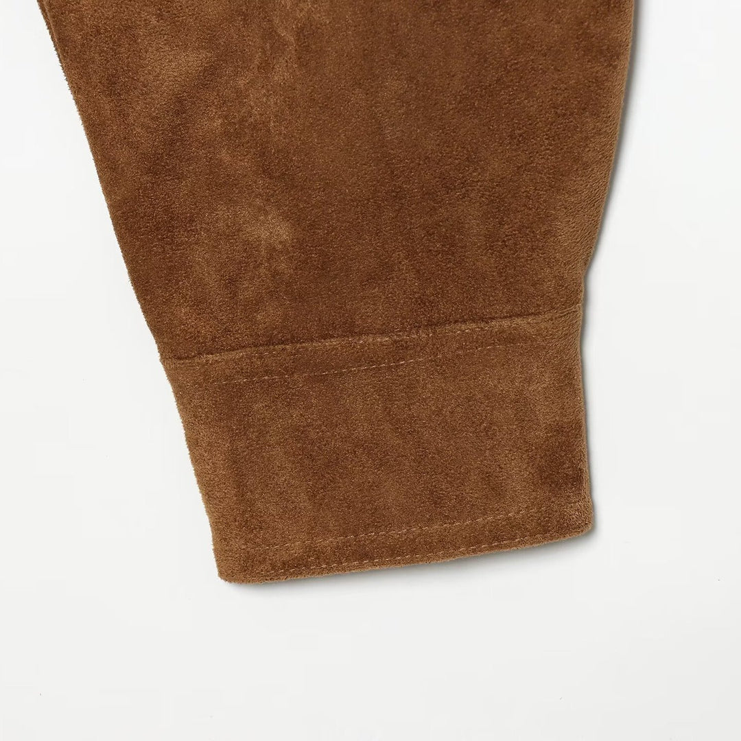 Damen Kurze Velours‑Suede‑Bomberjacke mit Stehkragen und verdeckter Knopfleiste Echoarchiv