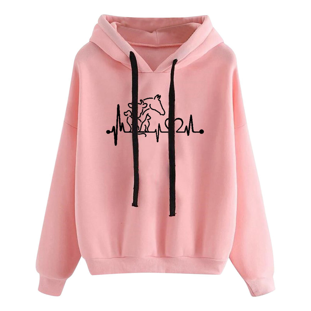 Damen leichter Oversize Kapuzenpullover mit Herz‑EKG‑Motiv, langen Kordeln und elastischem Bund – Auréline