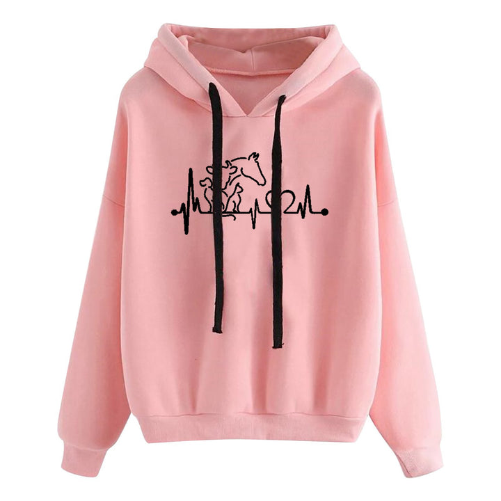 Damen leichter Oversize Kapuzenpullover mit Herz‑EKG‑Motiv, langen Kordeln und elastischem Bund – Auréline