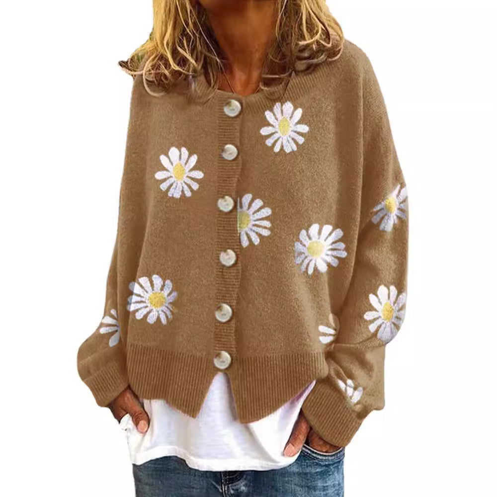 Damen Oversize Strickcardigan mit Knopfleiste und Gänseblümchen-Print Echo Archiv