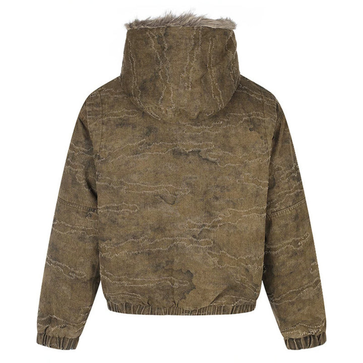 Damen Wattierte Kapuzen‑Bomberjacke mit Kunstfellbesatz, Camouflage‑Effekt und elastischem Saum Echoarchiv