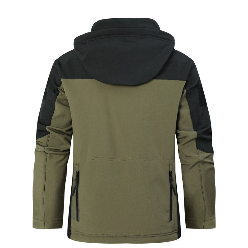 Herren Softshell-Taktikjacke mit Kapuze, verstärkten Ärmeln und Mehrfach-Reißverschlusstaschen Echoarchiv