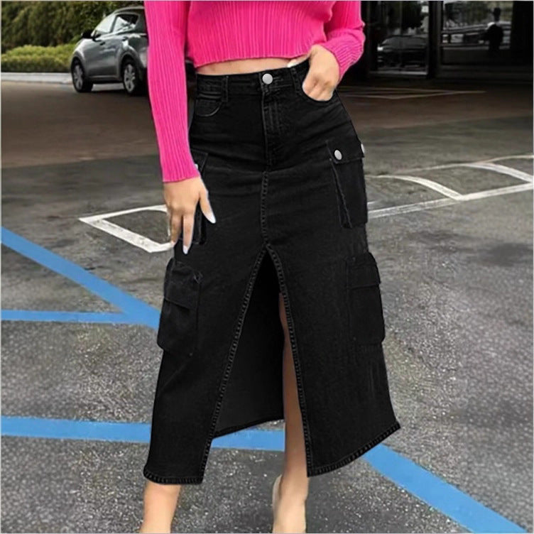 Damen Cargo-Jeans-Midirock mit Frontschlitz und aufgesetzten Cargotaschen Echo Archiv