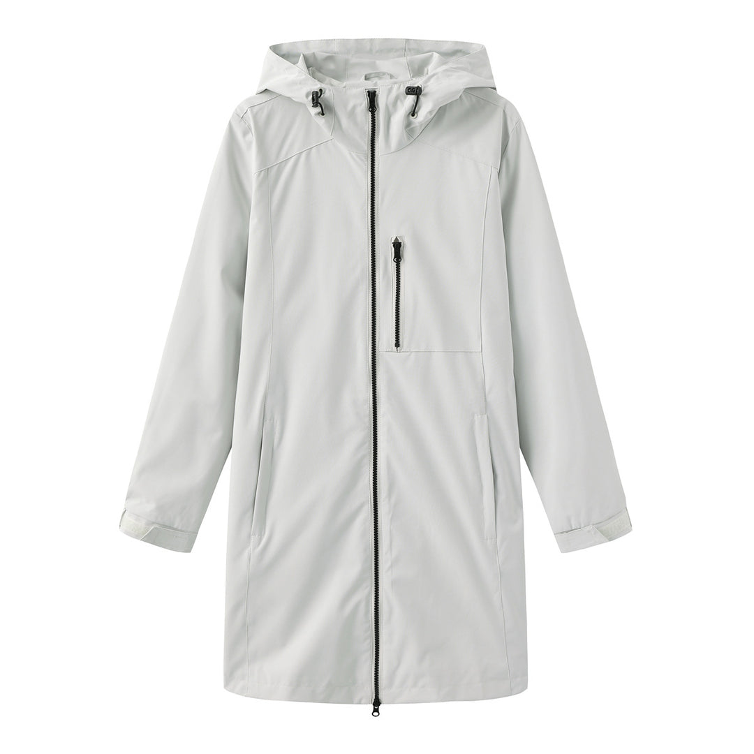 Damen nan lange schlanke Funktionsregenjacke mit durchgehendem Reißverschluss Brustreißverschlusstasche und Klettmanschetten Echo Archiv