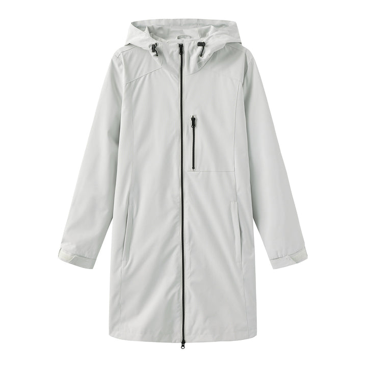 Damen nan lange schlanke Funktionsregenjacke mit durchgehendem Reißverschluss Brustreißverschlusstasche und Klettmanschetten Echo Archiv