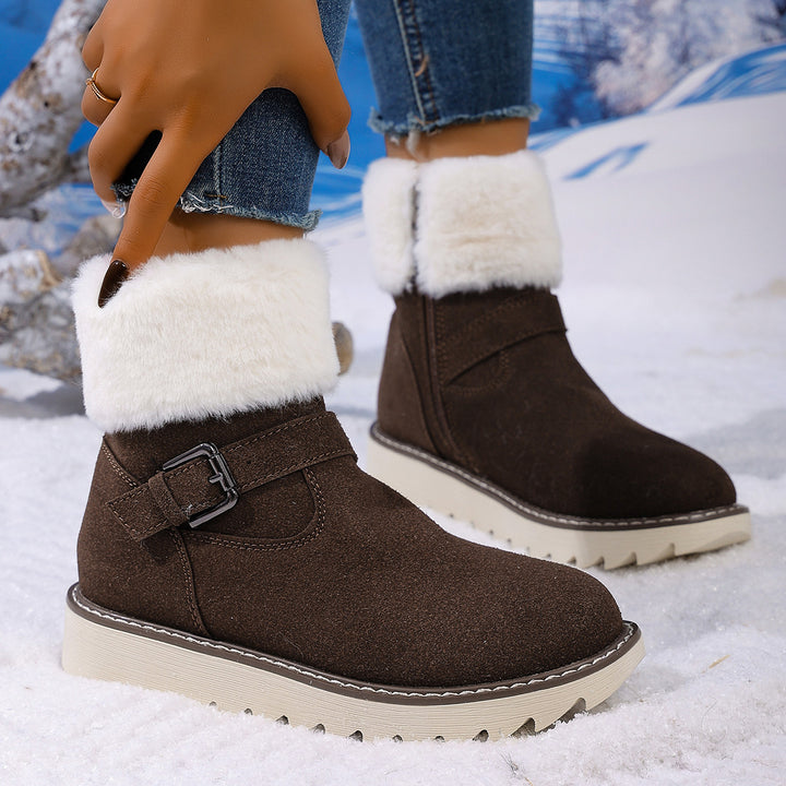 Damen Gefütterte Kurzstiefelette mit Kunstfellkragen, Velours‑Optik und Zierschnalle – Varelle