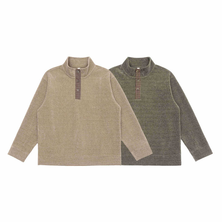 Unisex Feinstruktur-Halfzip-Pullover mit Stehkragen und karierter Knopfleiste Echoarchiv