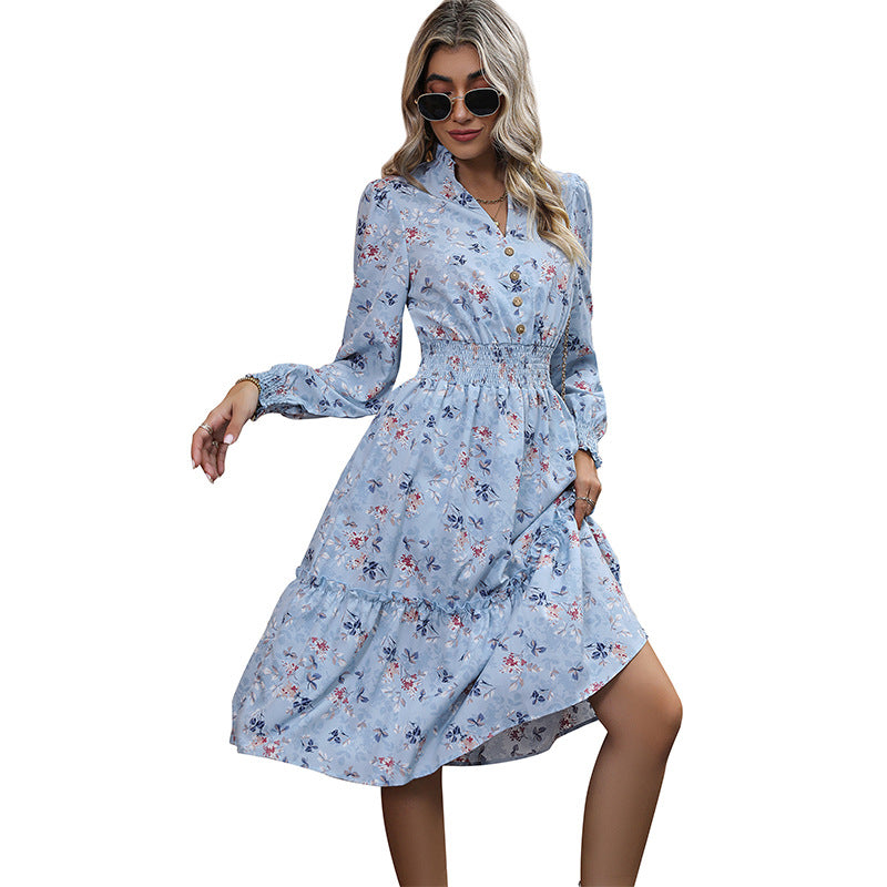 Damen Floral Midi-Kleid mit Taillierung und Puffärmeln Echo Archiv