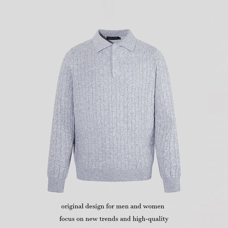 Herren Strick-Polo mit Zopfstrickmuster, Hemdkragen und Knopfleiste Echoarchiv