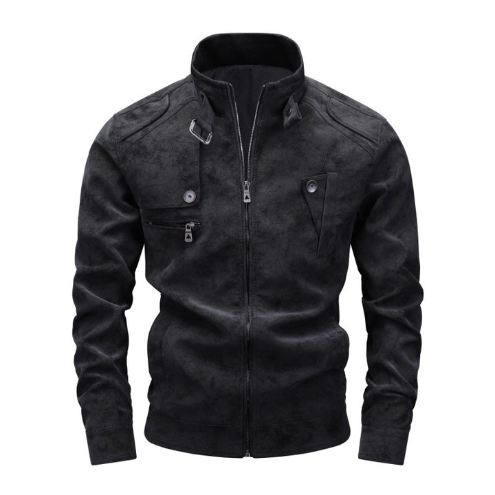 Herren Vintage-Utility Lederimitatjacke mit Stehkragen und mehreren Taschen Echoarchiv