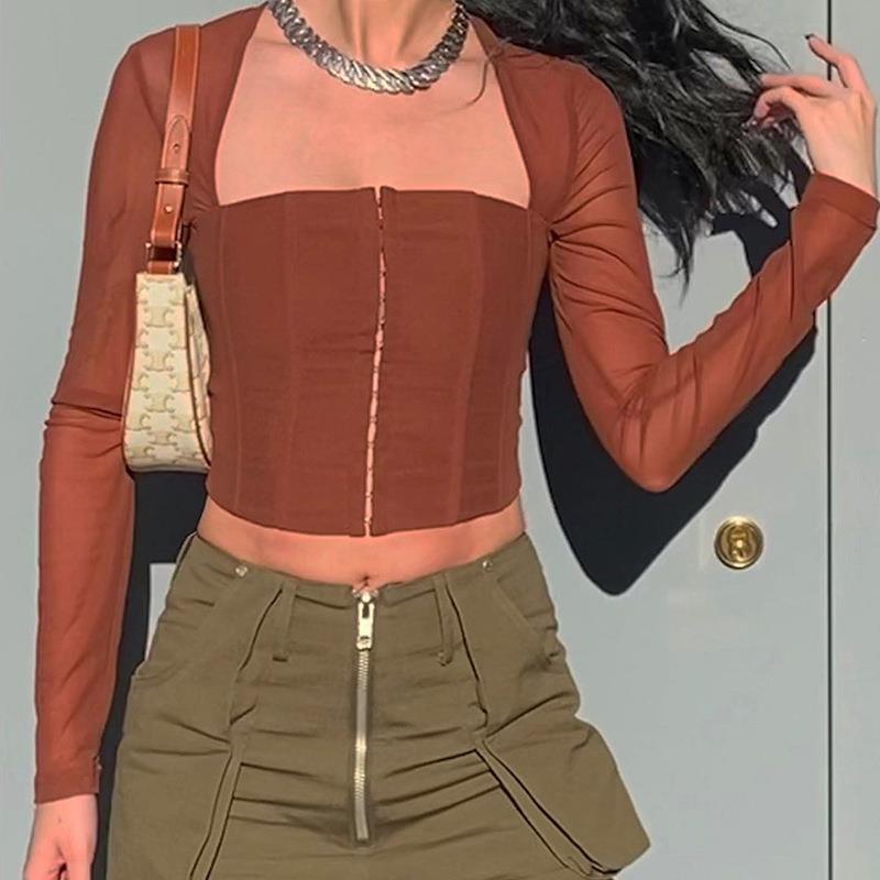 Damen Cropped Oberteil mit transparenten Ärmeln und strukturiertem Schnitt Echo Archiv