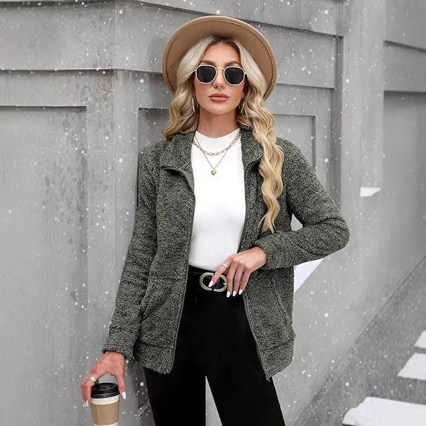 Damen kuschelige Teddy-Fleecejacke mit durchgehendem Reißverschluss, Stehkragen und seitlichen Eingrifftaschen – Célinea