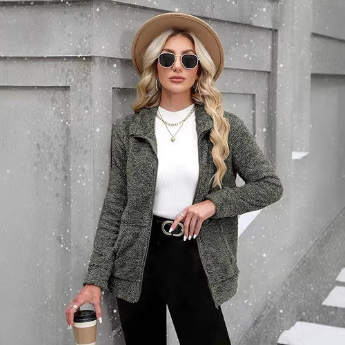 Damen kuschelige Teddy-Fleecejacke mit durchgehendem Reißverschluss, Stehkragen und seitlichen Eingrifftaschen – Célinea