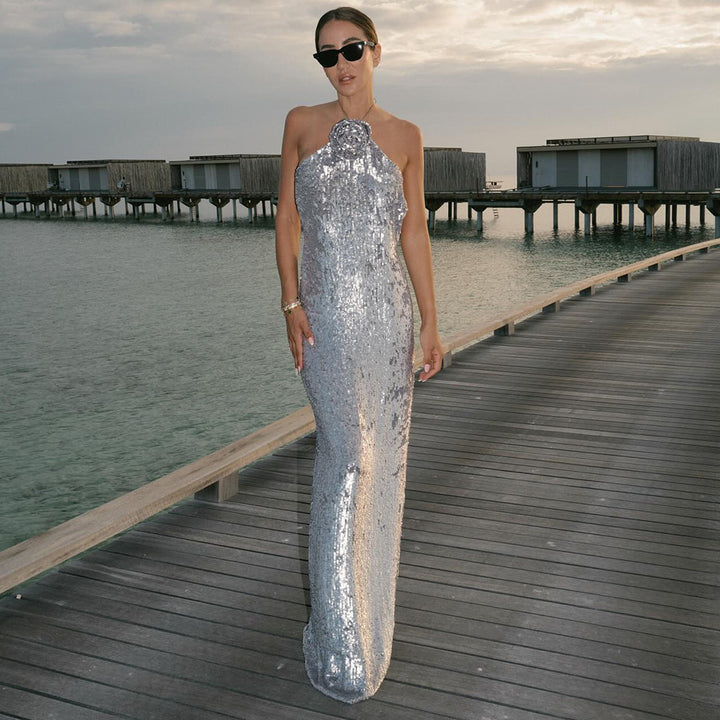 Damen glamouröses Pailletten-Maxikleid mit elegantem Stehkragen Echo Archiv
