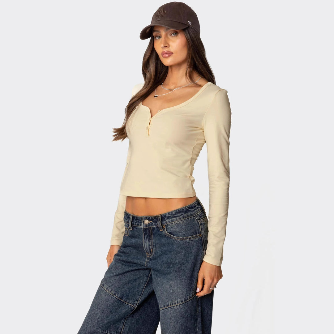 Damen Cropped Langarmhemd mit Knopfleiste und weichem Stoff Echo Archiv