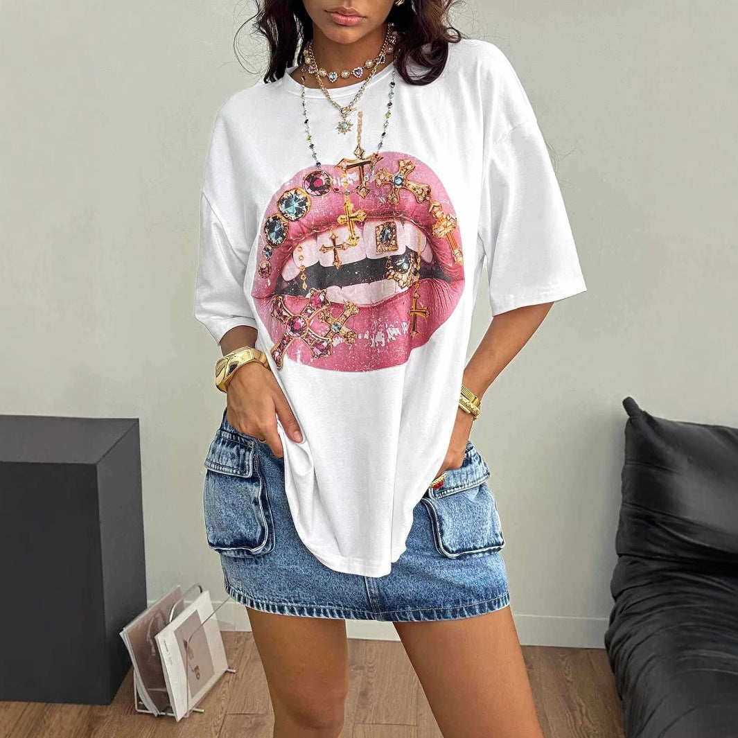 Damen Oversized T-Shirt mit kreativem Lippen- und Schmuckdesign Echo Archiv