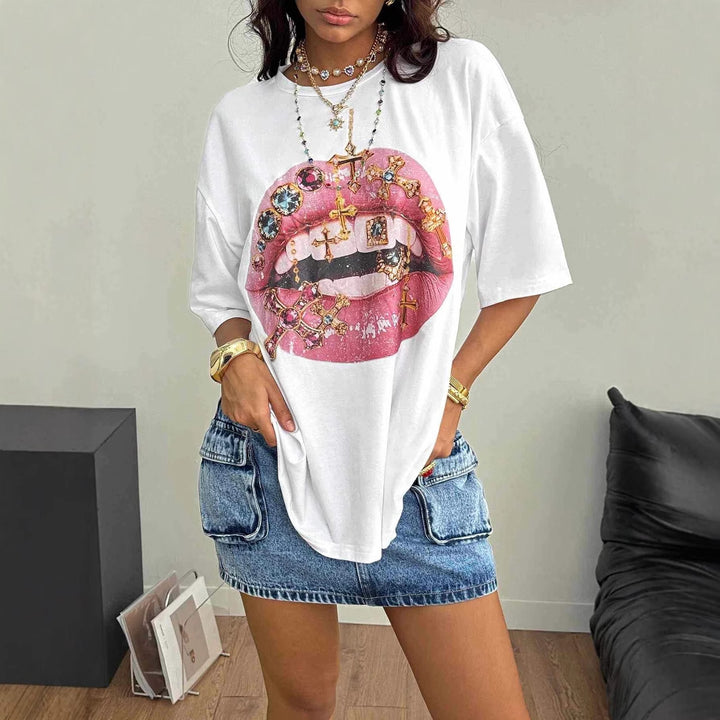 Damen Oversized T-Shirt mit kreativem Lippen- und Schmuckdesign Echo Archiv