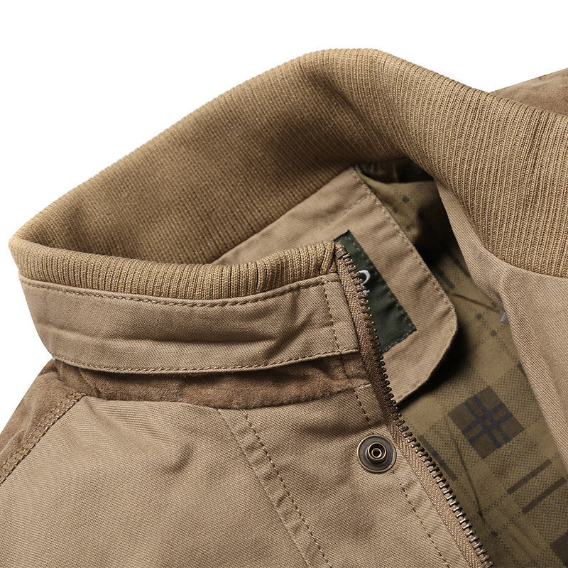 Herren Canvas-Übergangsjacke mit Rippenkragen, verdecktem Reißverschluss und kariertem Innenfutter – Taviero