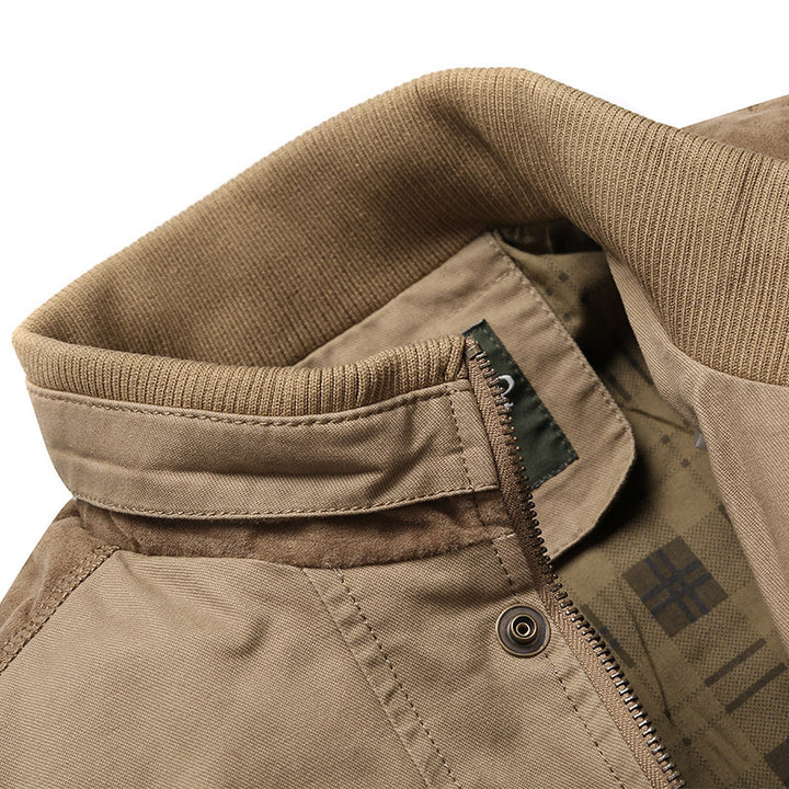 Herren Canvas-Übergangsjacke mit Rippenkragen, verdecktem Reißverschluss und kariertem Innenfutter – Taviero