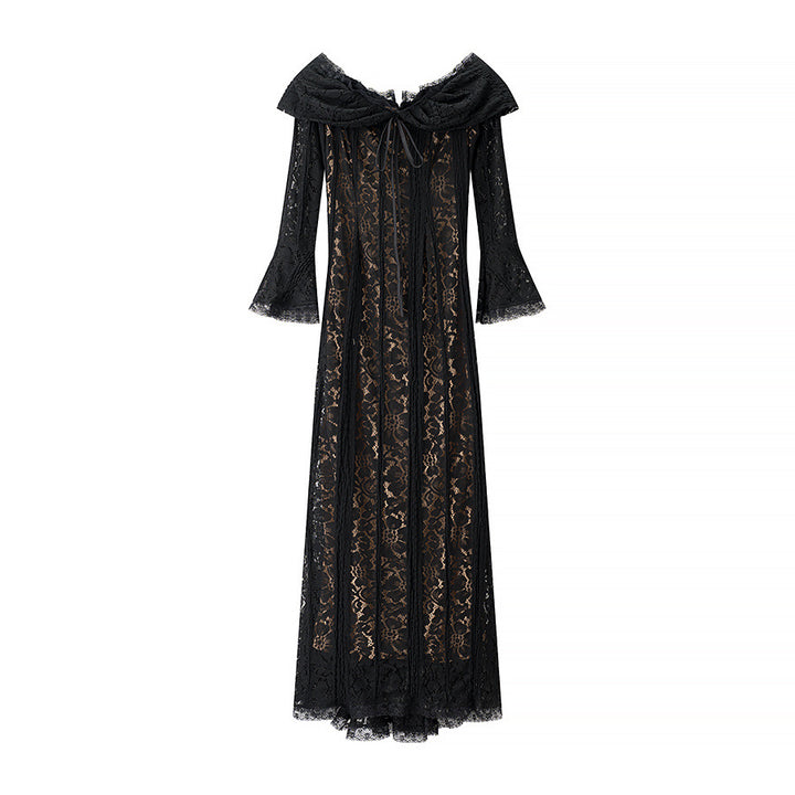 Damen Spitzenmaxikleid mit Carmen-Ausschnitt, durchscheinender Spitze, figurumspielender Innenlage und Glockenärmeln – Valéora