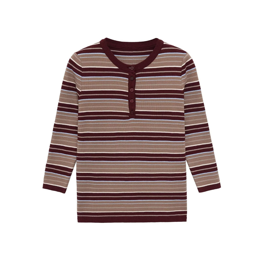Damen Gestreiftes Rippstrick-Henleyshirt mit Knopfleiste und schmaler Passform Echo Archiv
