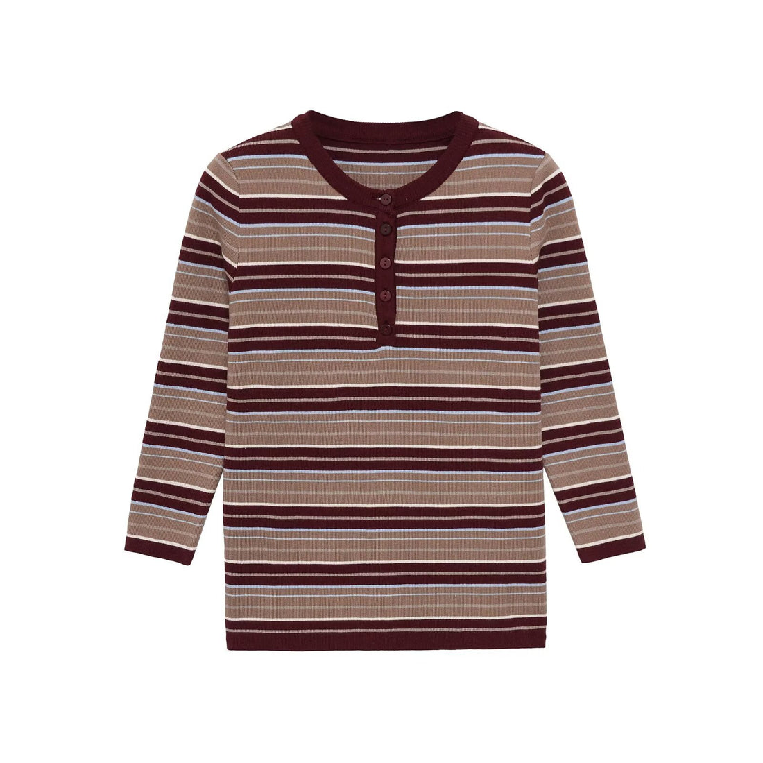 Damen Gestreiftes Rippstrick-Henleyshirt mit Knopfleiste und schmaler Passform Echo Archiv