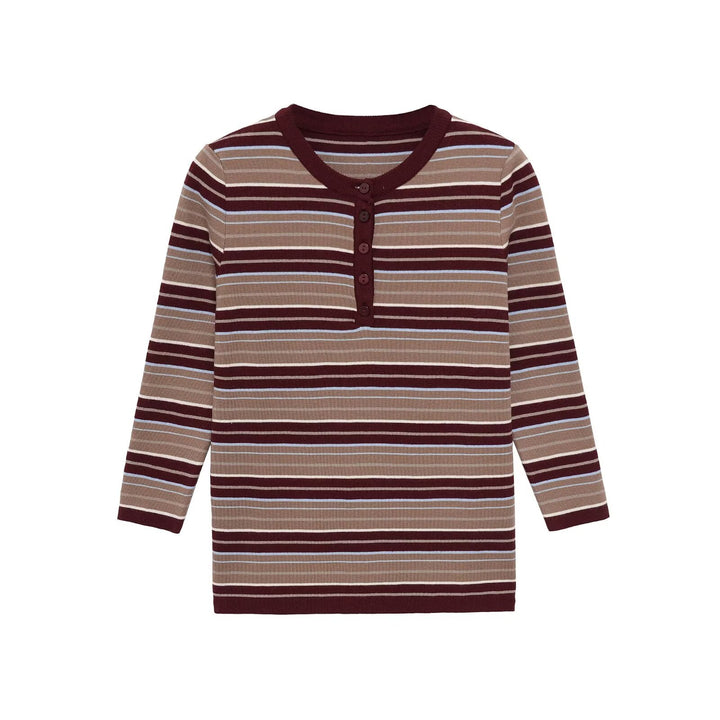 Damen Gestreiftes Rippstrick-Henleyshirt mit Knopfleiste und schmaler Passform Echo Archiv