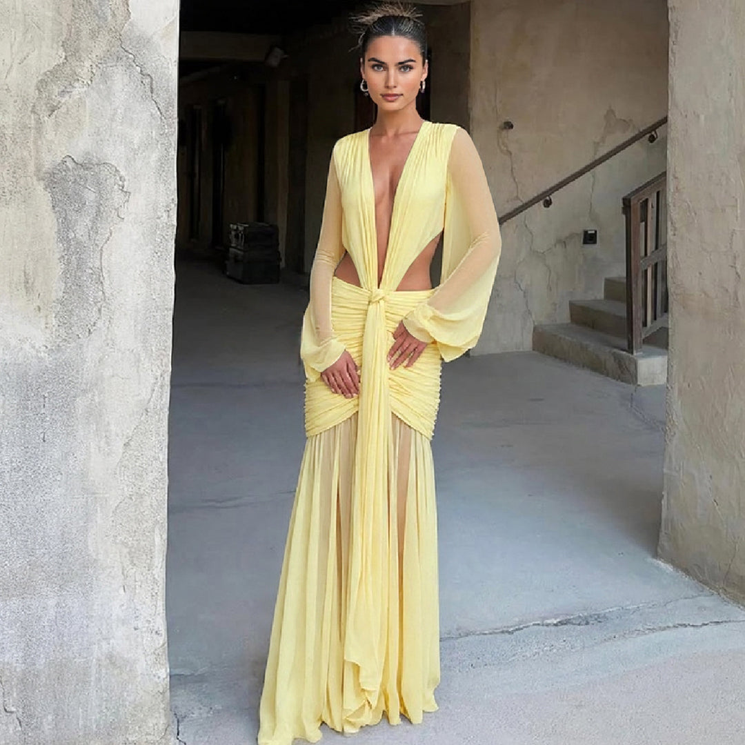 Damen Maxikleid mit raffinierten Drapierungen und tiefem V-Ausschnitt Echo Archiv