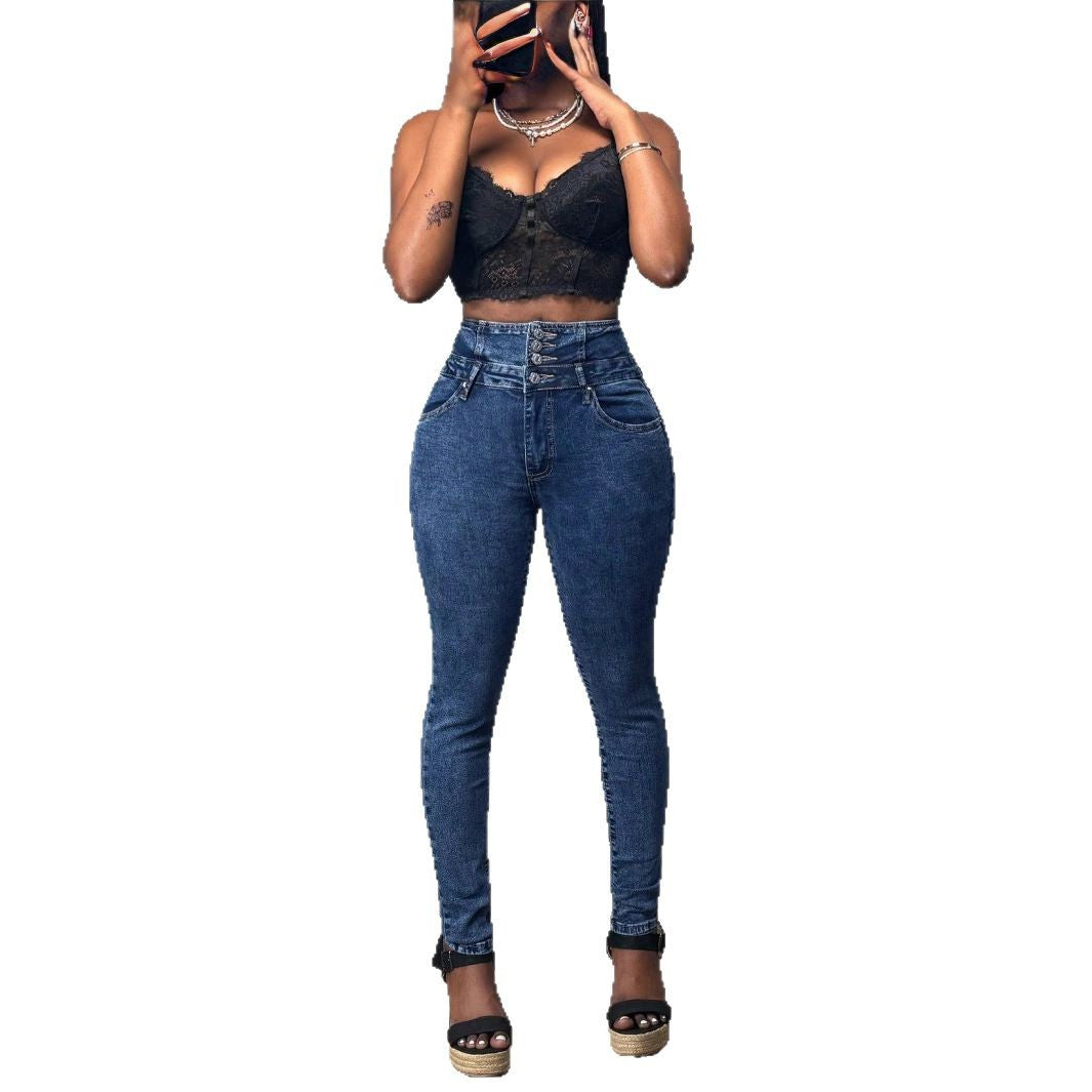 Damen hochtaillierte Skinny-Jeans mit dreifachem Knopfbund und formendem Sitz Echo Archiv