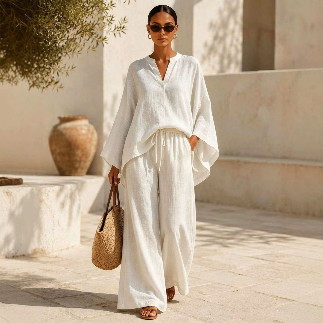 Damen Leichte Leinenmischung Übergroße Kaftan-Oberteil und Kordelzug Weitbein-Hosen Set – Élanora