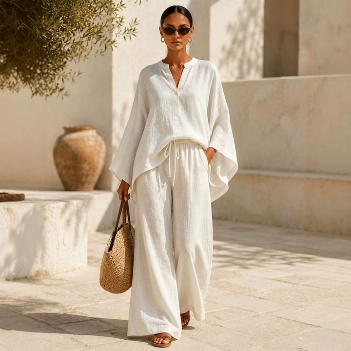 Damen Leichte Leinenmischung Übergroße Kaftan-Oberteil und Kordelzug Weitbein-Hosen Set – Élanora